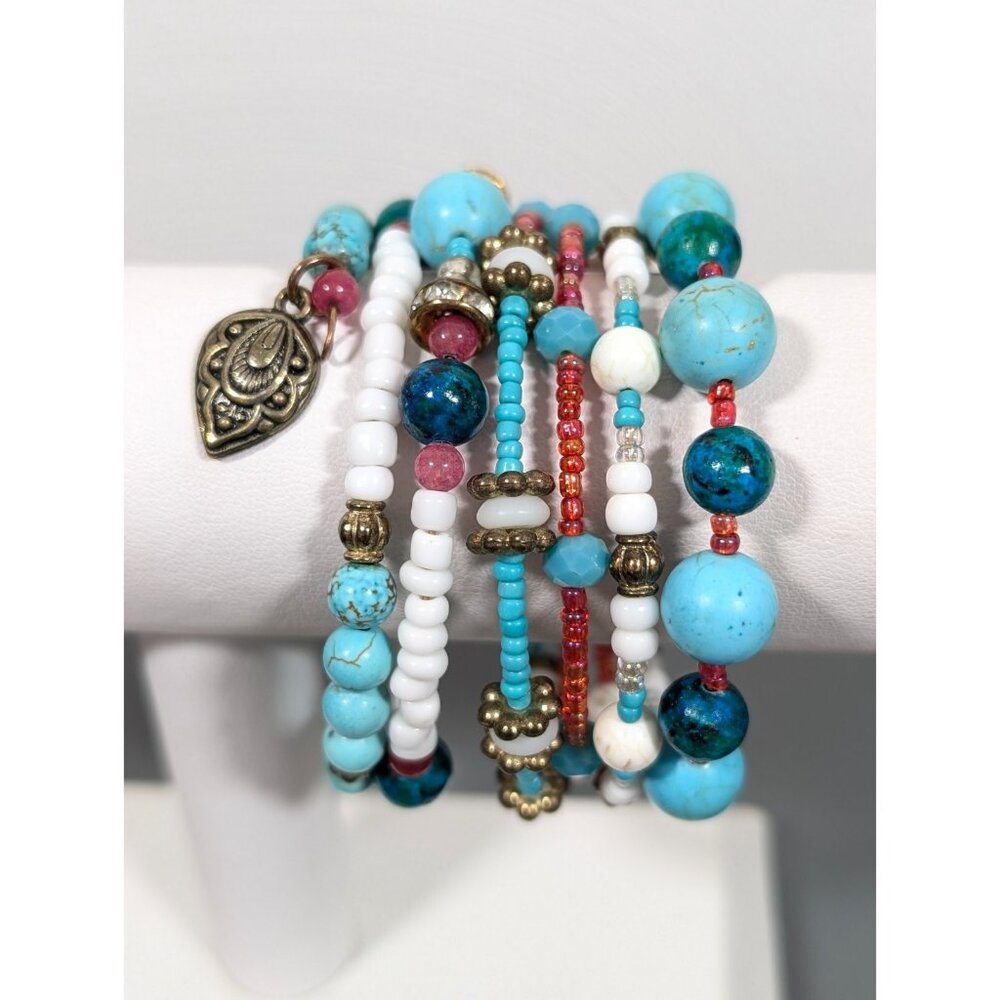 Boho Western Coastal Blue Faux Turquoise Stone Bead Wrap Bracelet Wide Pink